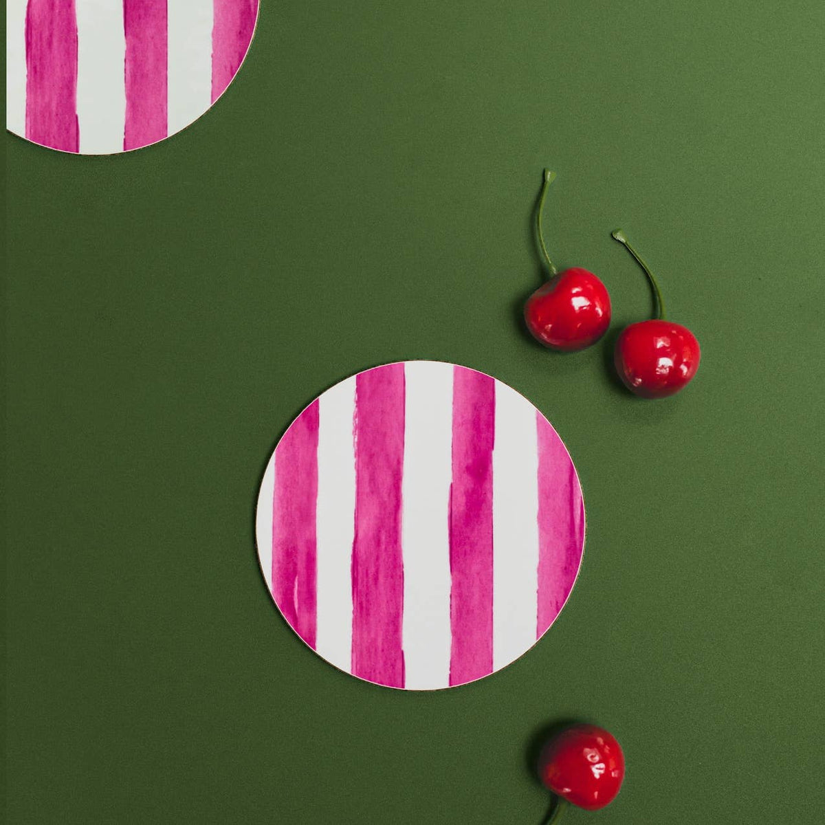 Raspberry Stripes Round Coaster by Floh at Toasted Crumpet