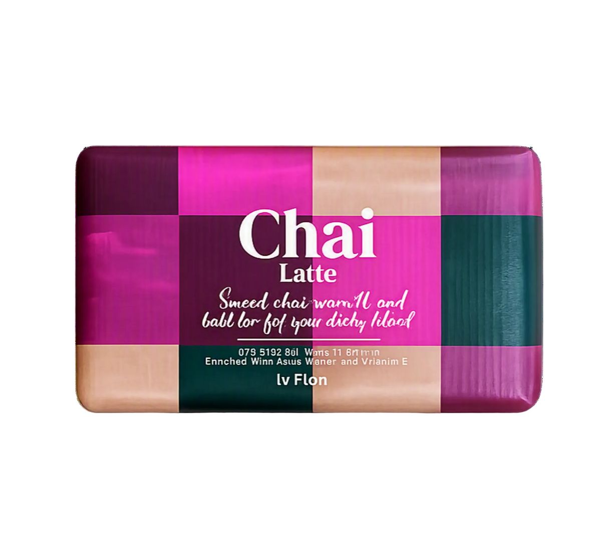 A rectangular bar of tea soap labeled 'Chai Latte' by brand iv Flon, featuring a checkered pattern of magenta, beige, and dark green blocks on a white background.