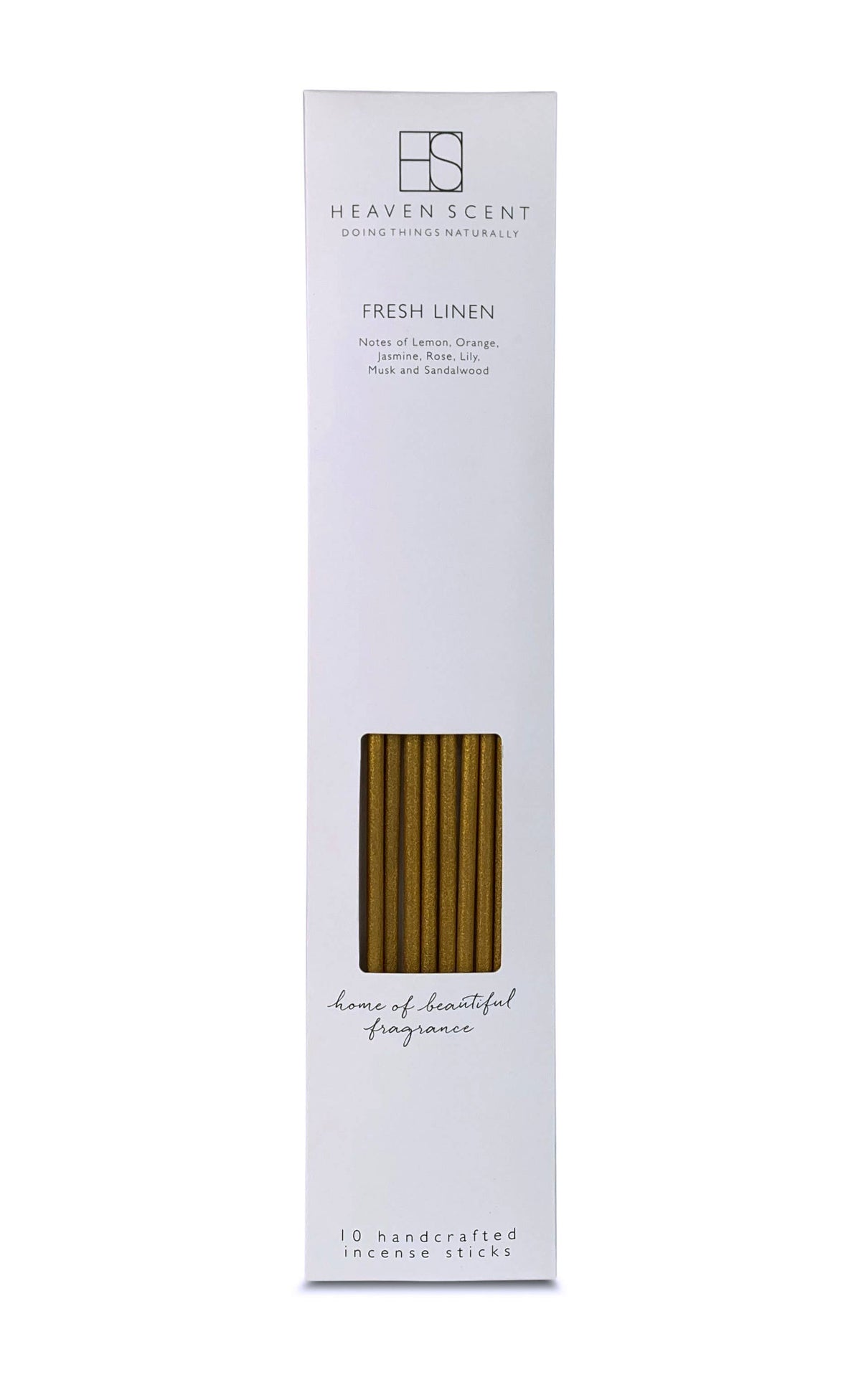 Heaven Scent Fresh Linen 10 handcrafted incense sticks in a tall, white rectangular box with a clear window showing the gold-colored incense sticks inside.