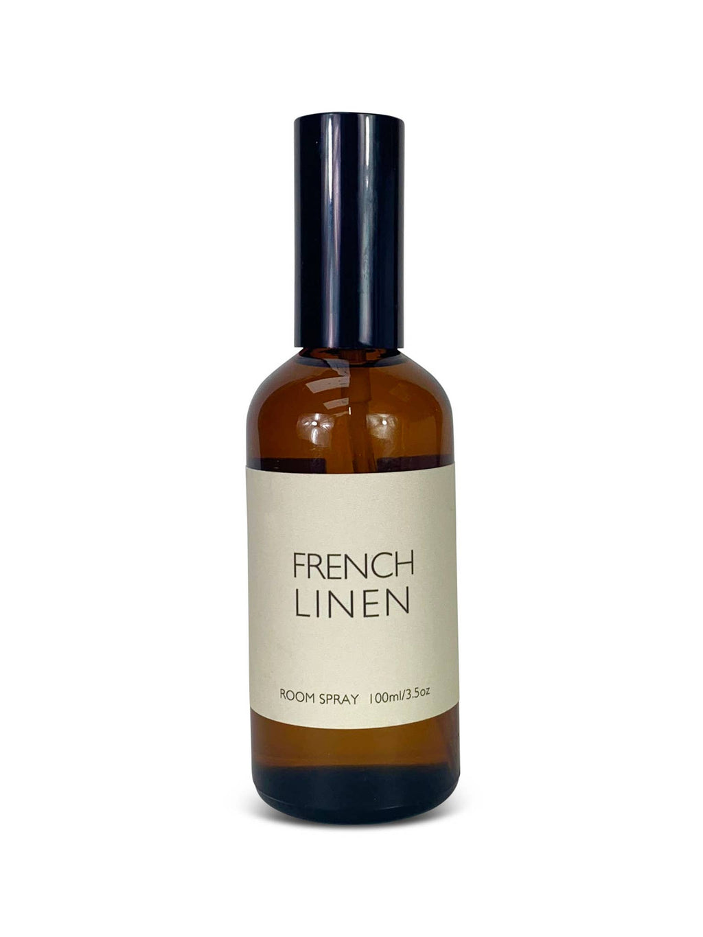 Brown room spray bottle labeled 'French Linen' on a white background