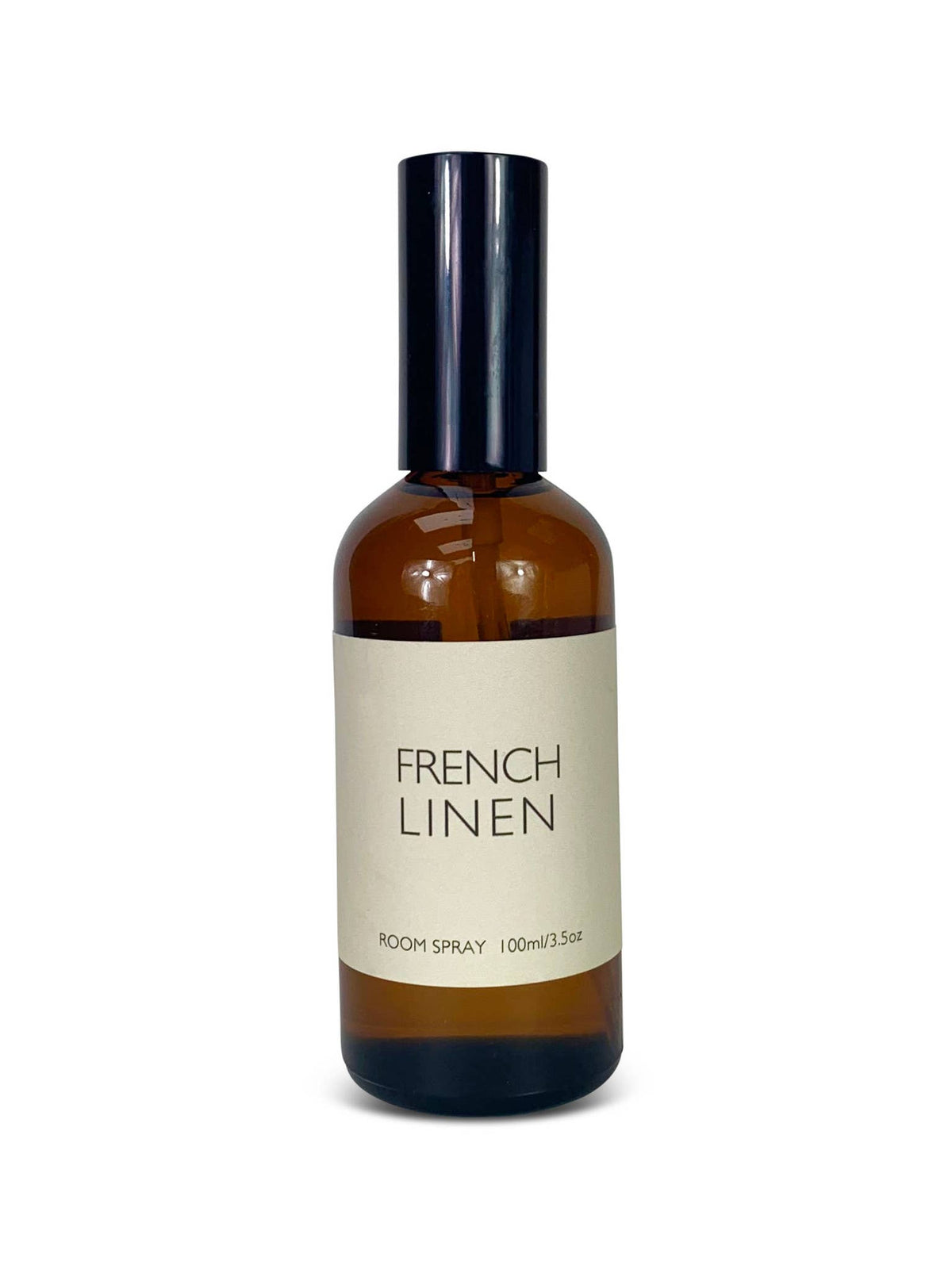 Brown room spray bottle labeled 'French Linen' on a white background