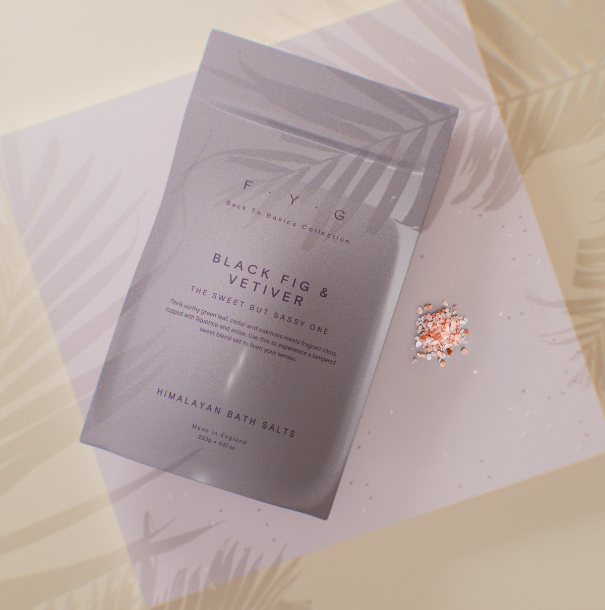 Packaging of FYG Black Fig & Vetiver bath salts on a light background