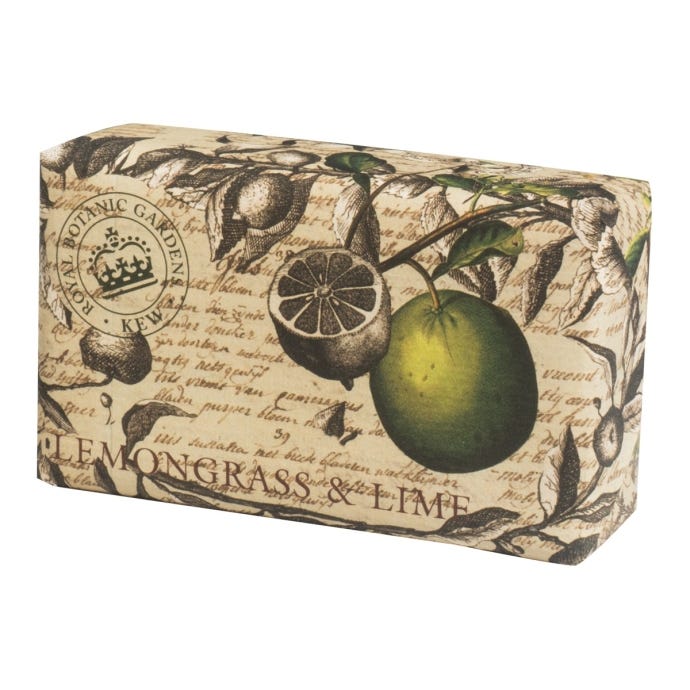 Bar of soap with lemongrass and lime design on a white background - The Fig House