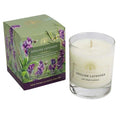 An English Lavender soy wax candle in a clear glass jar next to its illustrated green and purple packaging box, on a white background. - The Fig House