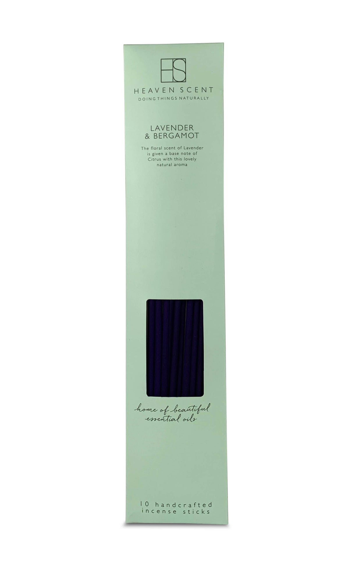 Heaven Scent Lavender & Bergamot incense stick box in a pale mint green color, featuring a window that displays dark purple incense sticks, on a white background.