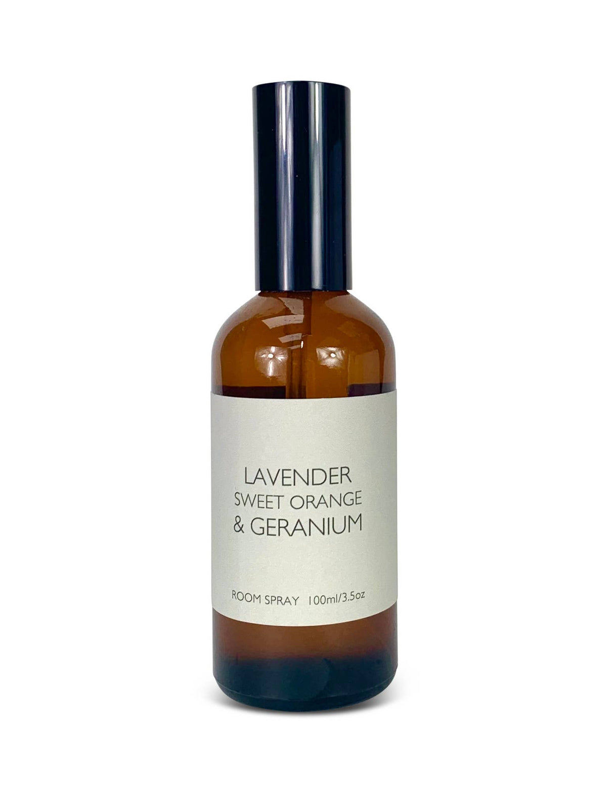 Room spray bottle with lavender, sweet orange, and geranium label on a white background