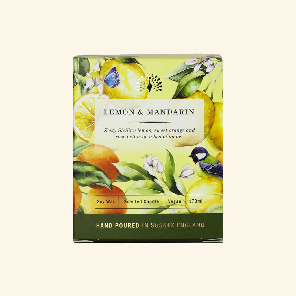 A rectangular scented candle box labeled 'LEMON & MANDARIN' with illustrated lemons, mandarin oranges, green leaves, and a small bird on the front. The box is centered on a plain warm off-white background.