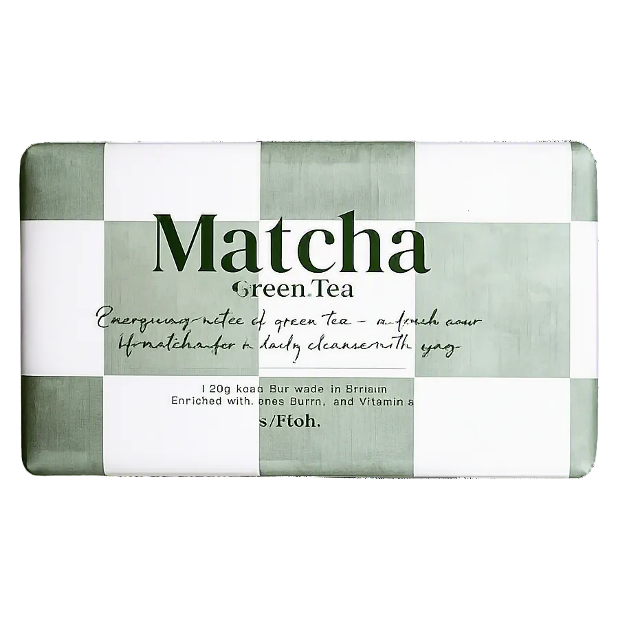 A rectangular bar of Matcha Green Tea soap with a sage green and white checkered pattern, featuring the text 'Matcha Green Tea' on the front, set against a plain white background.