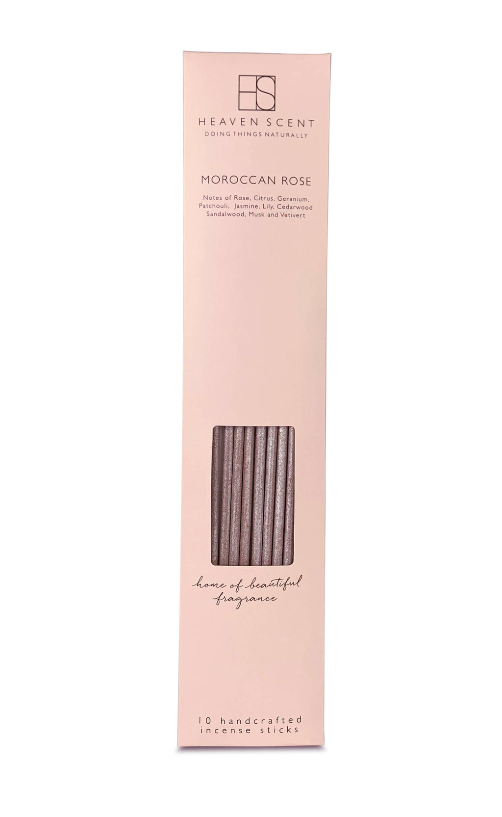 Heaven Scent Moroccan Rose incense packaging on a white background