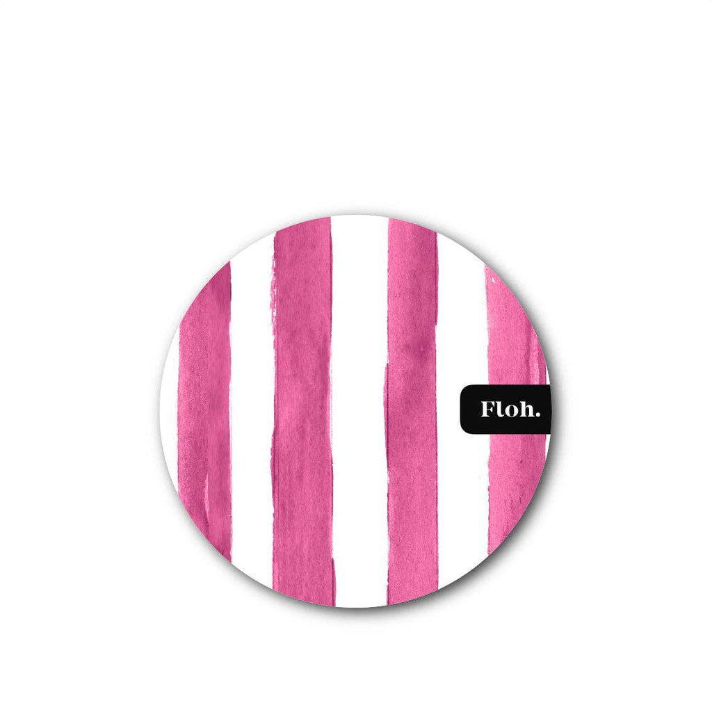 A round product with a pink and white vertical striped pattern featuring textured watercolor brushstrokes, with a small black label on the right side that reads 'Ptoh.' in white text.