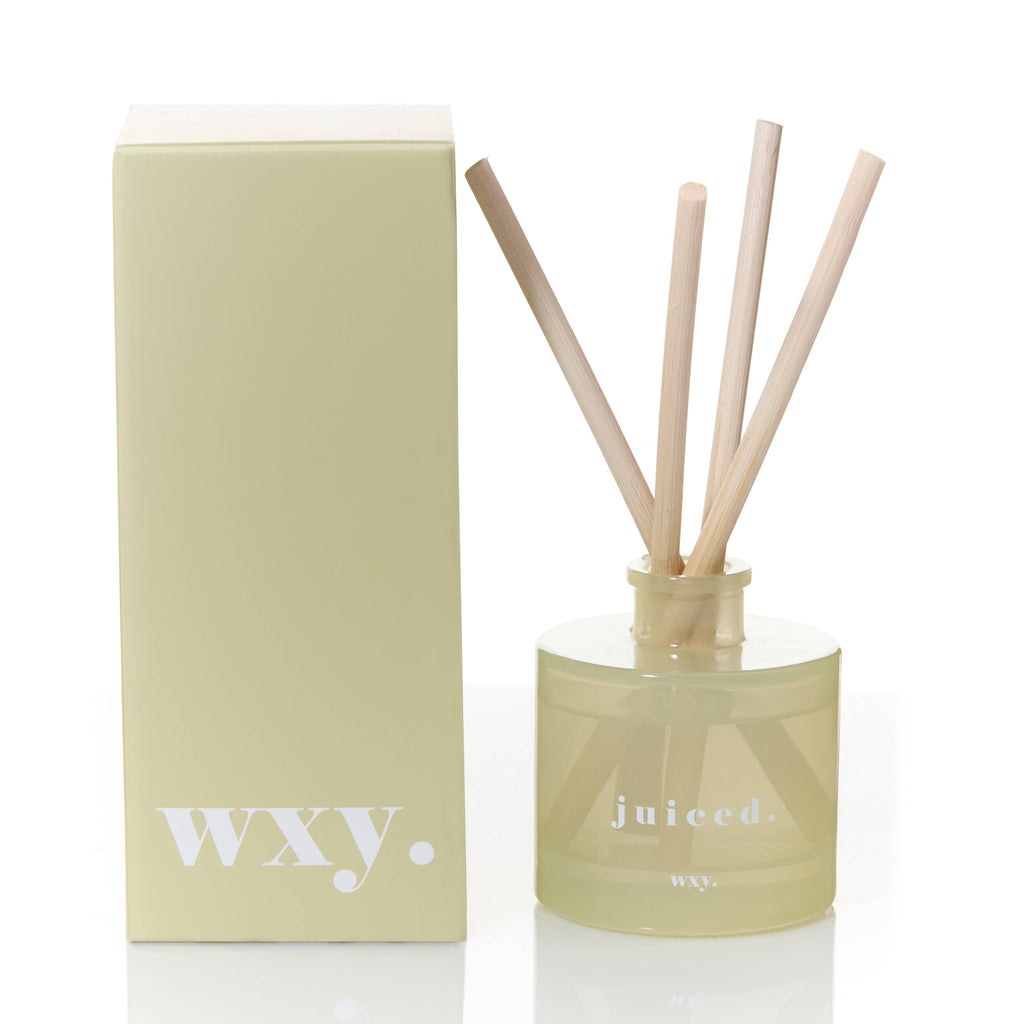 WXY diffuser bottle with wooden sticks and packaging on a white background