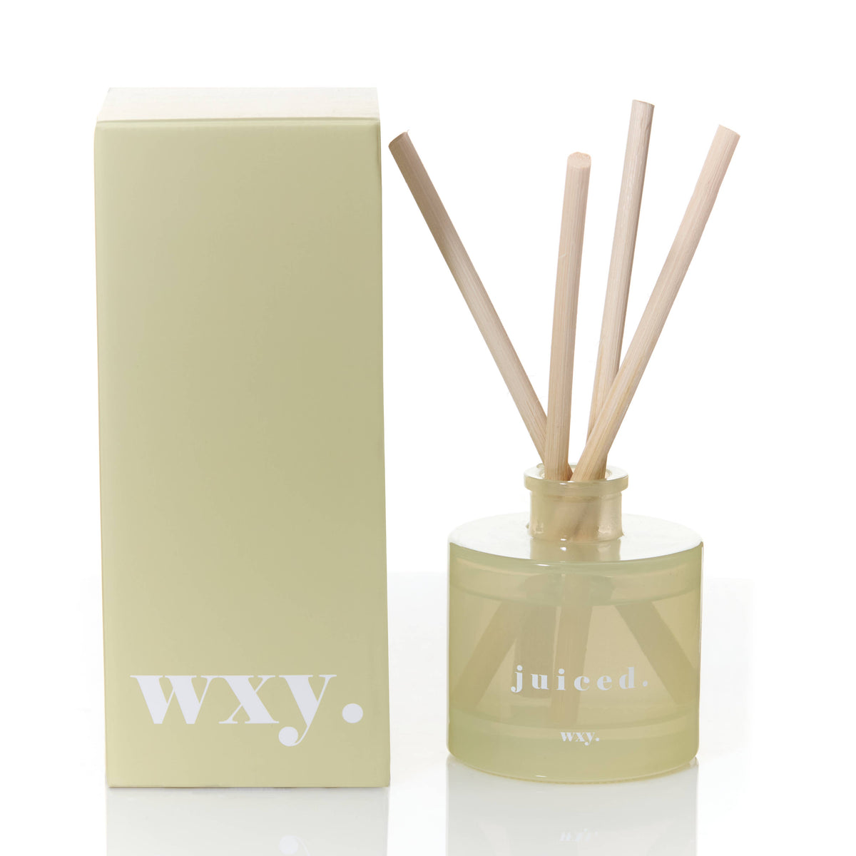 WXY diffuser bottle with wooden sticks and packaging on a white background