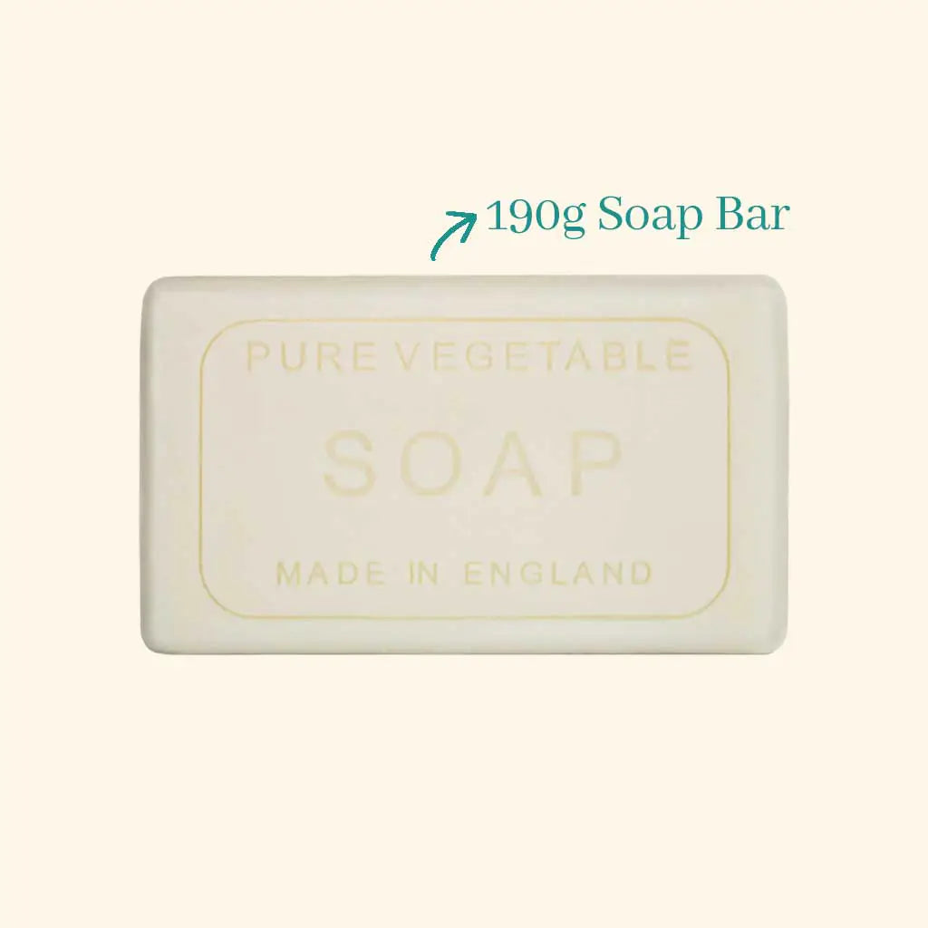 190g soap bar labeled 'Pure Vegetable Soap Made in England' on a light beige background