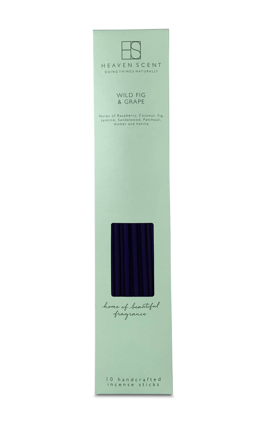 Heaven Scent Wild Fig & Grape incense sticks in a tall, mint green cardboard box with a clear window showing the dark purple incense sticks inside.