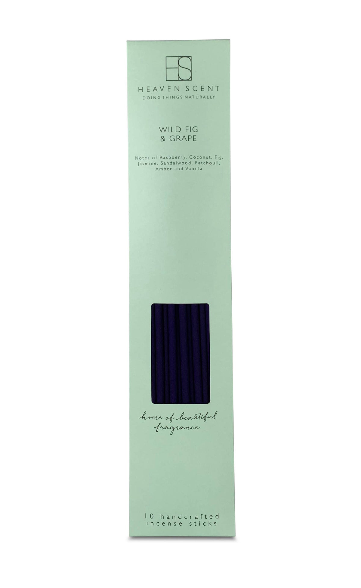 Heaven Scent Wild Fig & Grape incense sticks in a tall, mint green cardboard box with a clear window showing the dark purple incense sticks inside.