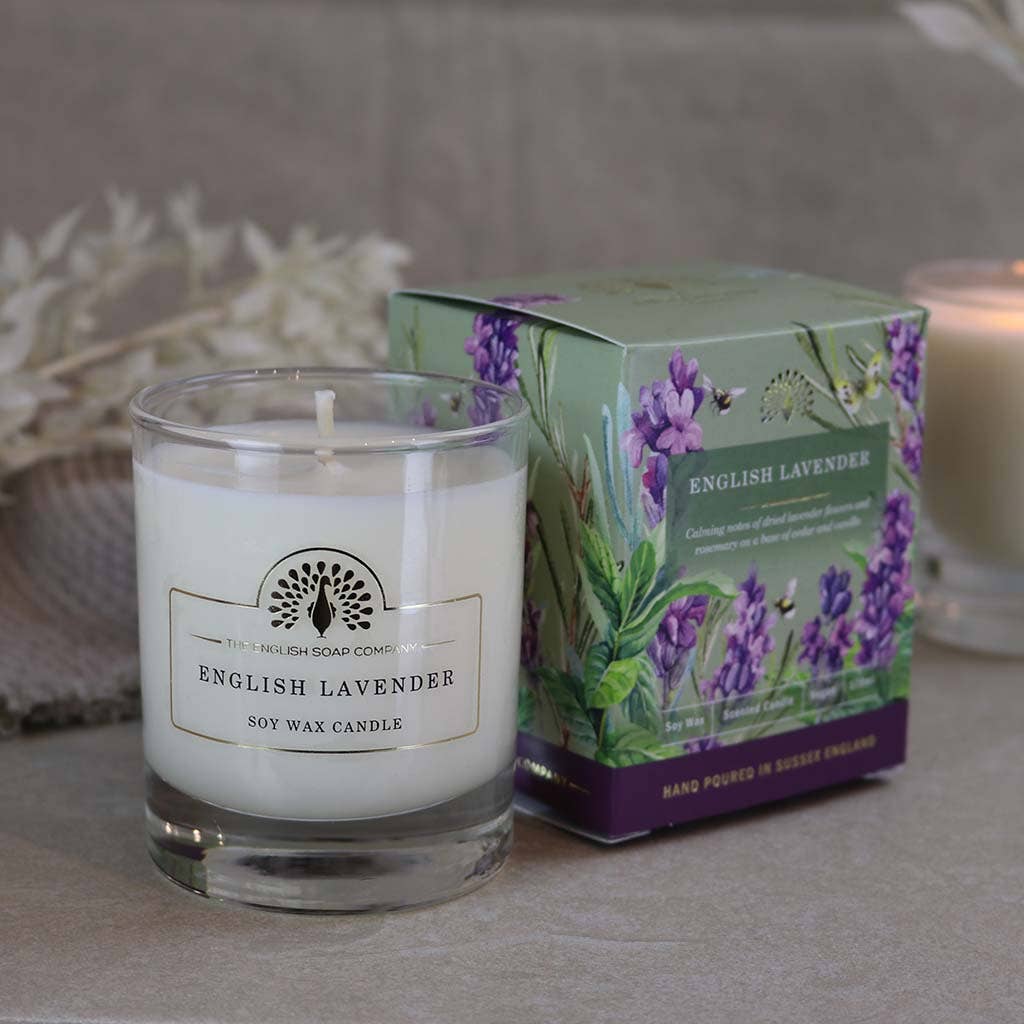 English Lavender soy wax candle with packaging on a neutral background - The Fig House
