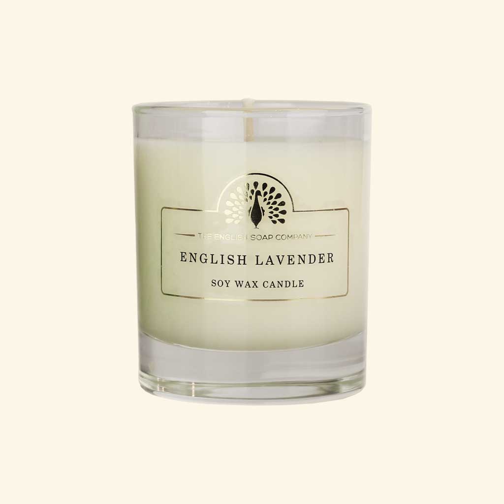 English Lavender soy wax candle in a clear glass jar on a white background - The Fig House