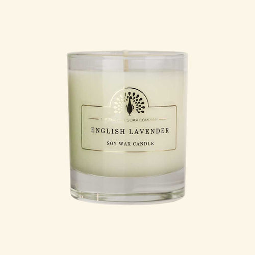 English Lavender soy wax candle in a clear glass jar on a white background - The Fig House