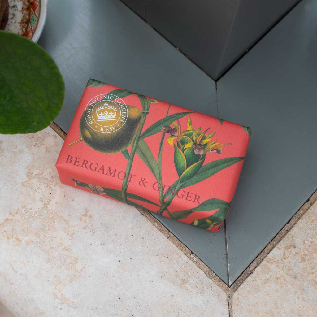 Bar of soap with a decorative red packaging featuring botanical designs on a tiled floor. - The Fig House