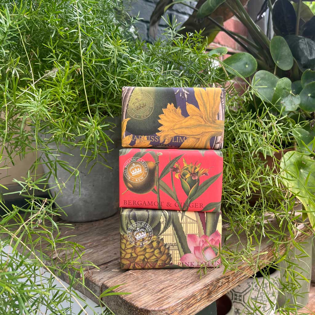 Three soap bars with decorative packaging stacked on a wooden surface with green plants in the background - The Fig House