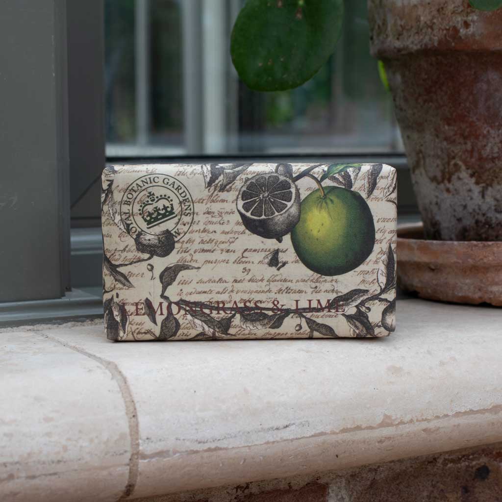 Rectangular soap with lemon and lime design on a stone surface - The Fig House
