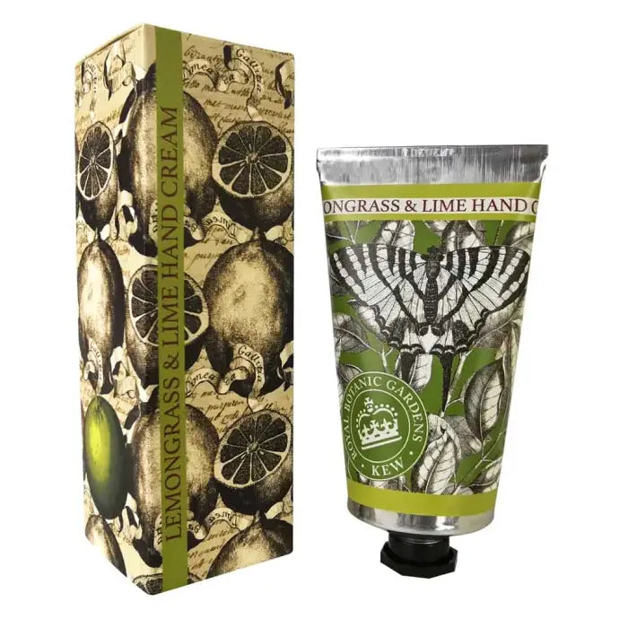 Hand cream with packaging featuring lemongrass and lime design, and Kew Gardens logo. - The Fig House