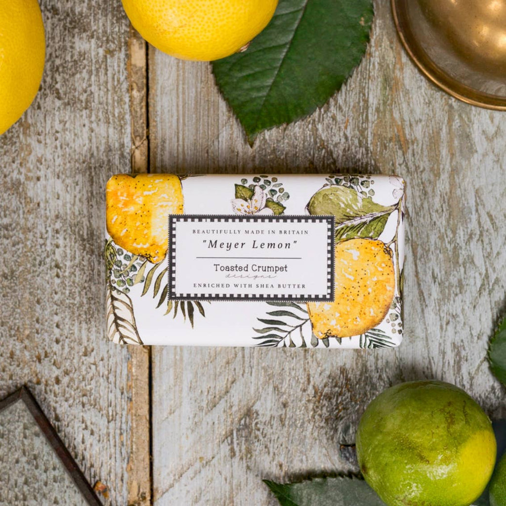 Bar of soap with 'Meyer Lemon' packaging on a wooden surface with lemons and limes.