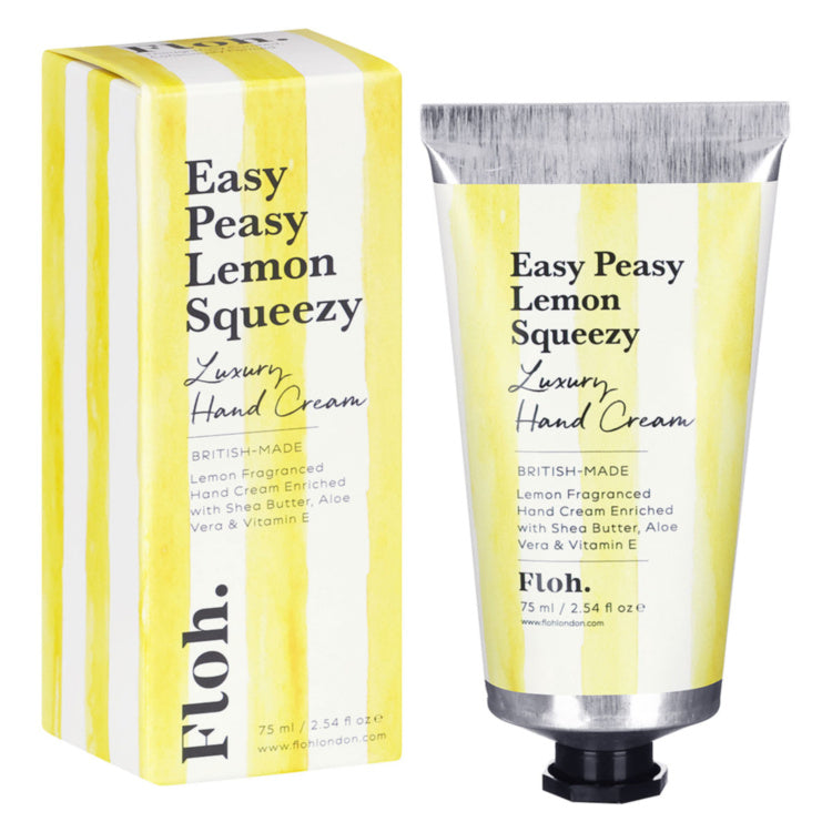Floh. Easy Peasy Lemon Squeezy Luxury Hand Cream shown in its yellow and white striped packaging box alongside the matching squeeze tube with a black cap.