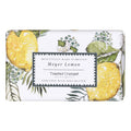 A rectangular bar of Meyer Lemon Toasted Crumpet soap, featuring a white background decorated with yellow lemons and green botanical leaves. A central white label with a black border displays the text 'Meyer Lemon Toasted Crumpet enriched with Shea Butter'.