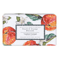 A rectangular bar of soap with a white background and a watercolor-style peach and orange blossom print. A central label reads 'Peach & Orange Blossom' and 'Toasted Crumpet', with 'Beautifully Made in Britain' above.